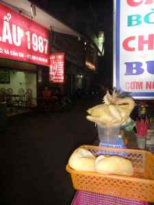 Chicken and advertising sign, Cam Chi alley, Hanoi, Vietnam